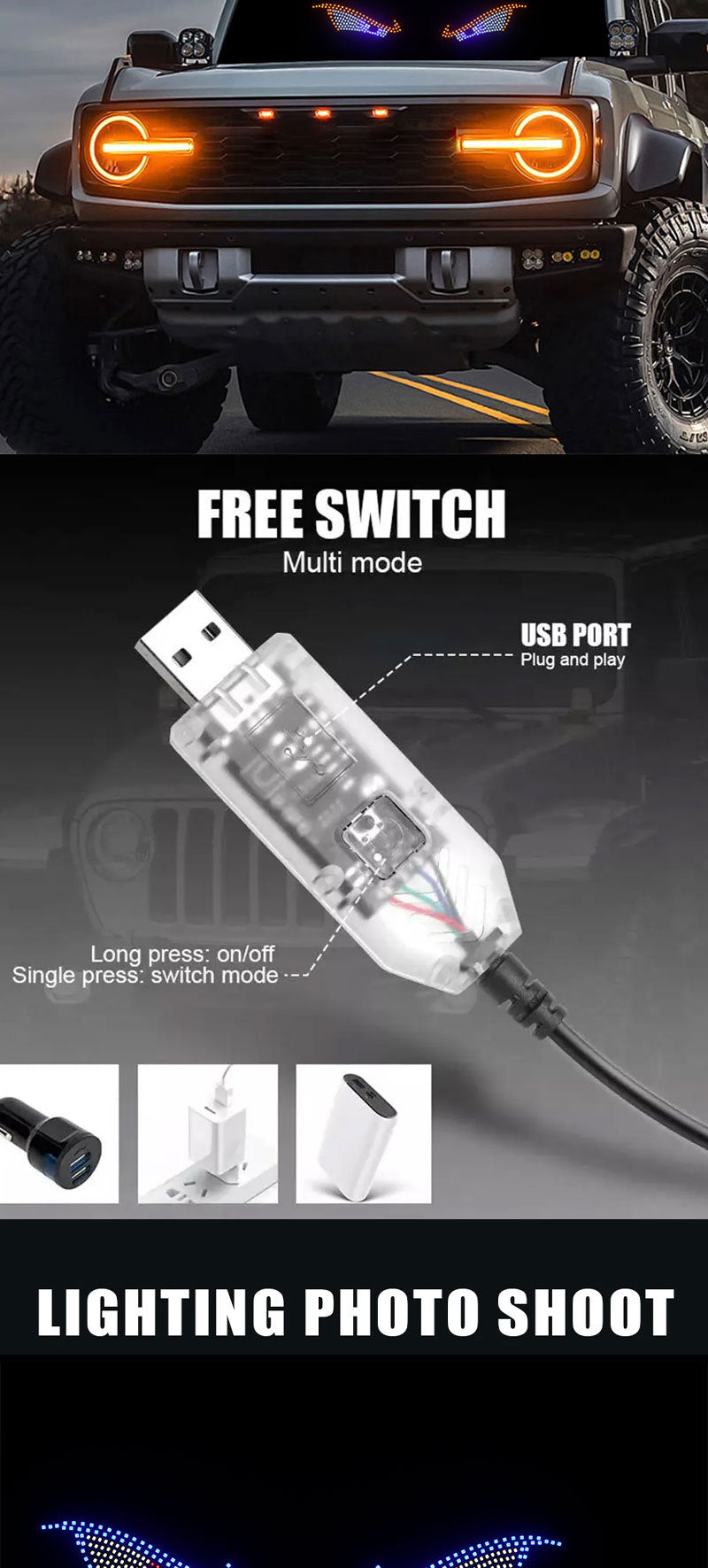 Car Back Window expression lights LED Strips Light Panel Car Windshield Display Devil's Eye Decorative Lamps USB Plug Lighting