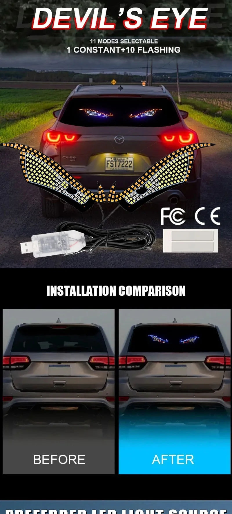 Car Back Window expression lights LED Strips Light Panel Car Windshield Display Devil's Eye Decorative Lamps USB Plug Lighting