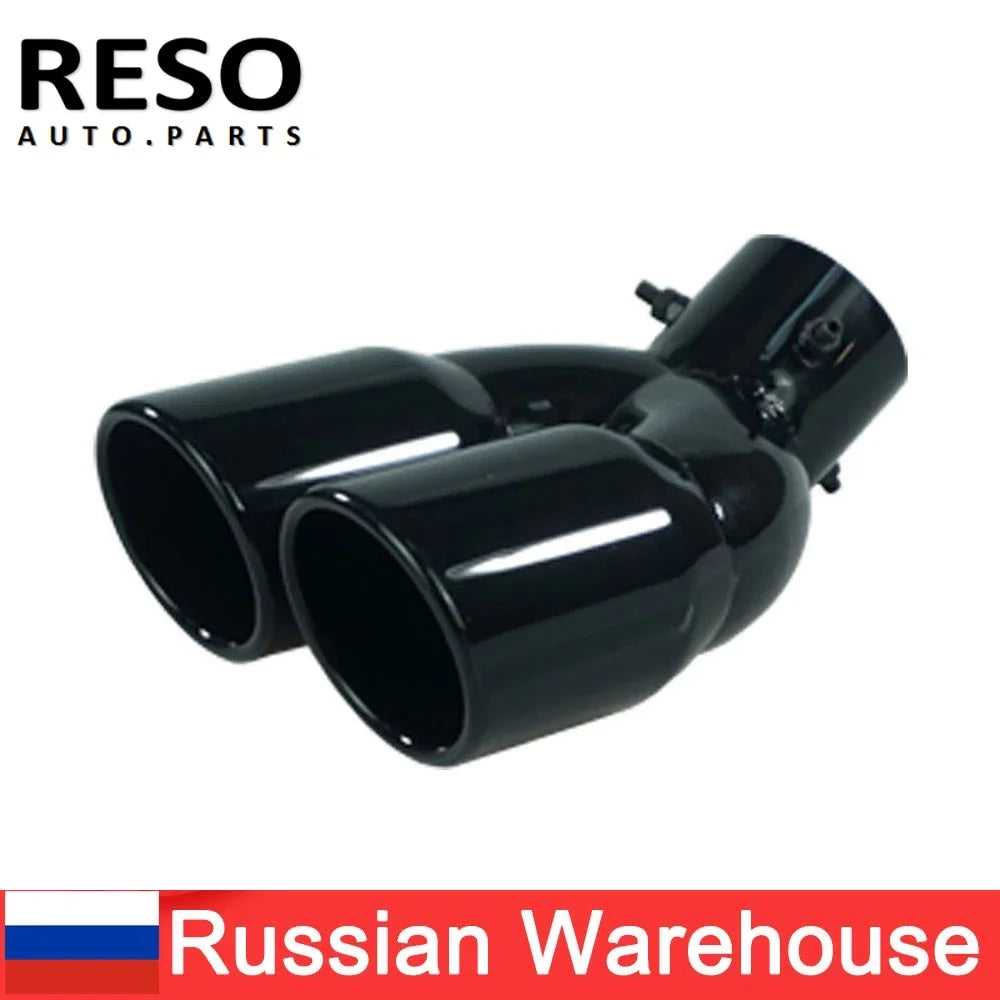 RESO Universal Car 63mm Inlet Diameter 76mm Outlet Double-Barrel Rear Exhaust Tip Tail Pipe Muffler Stainless Steel