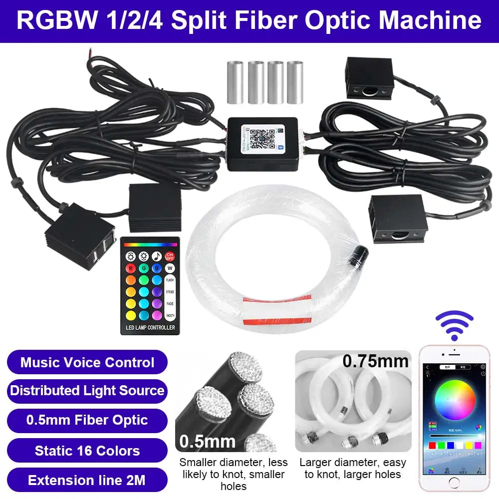 RGBW 1/2/4/6 split machine Car Roof Star Light APP Control Fiber Optic Star Ceiling Light Starry Sky ceiling for Car Home