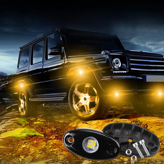 Waterproof 12V LED Rock Lights Kit Underbody Underglow Trail Rig Atmosphere Lamp for Car Truck ATV SUV Offroad Fender Neon Light