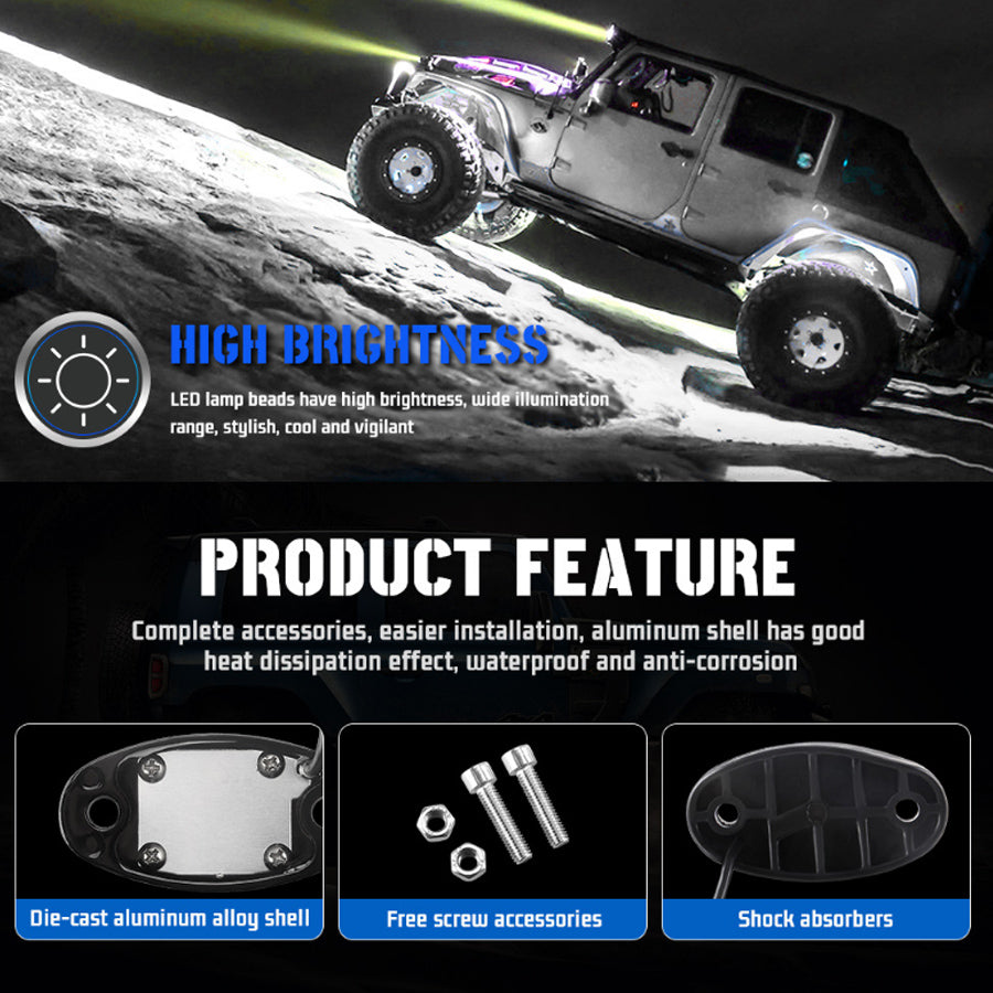 Waterproof 12V LED Rock Lights Kit Underbody Underglow Trail Rig Atmosphere Lamp for Car Truck ATV SUV Offroad Fender Neon Light