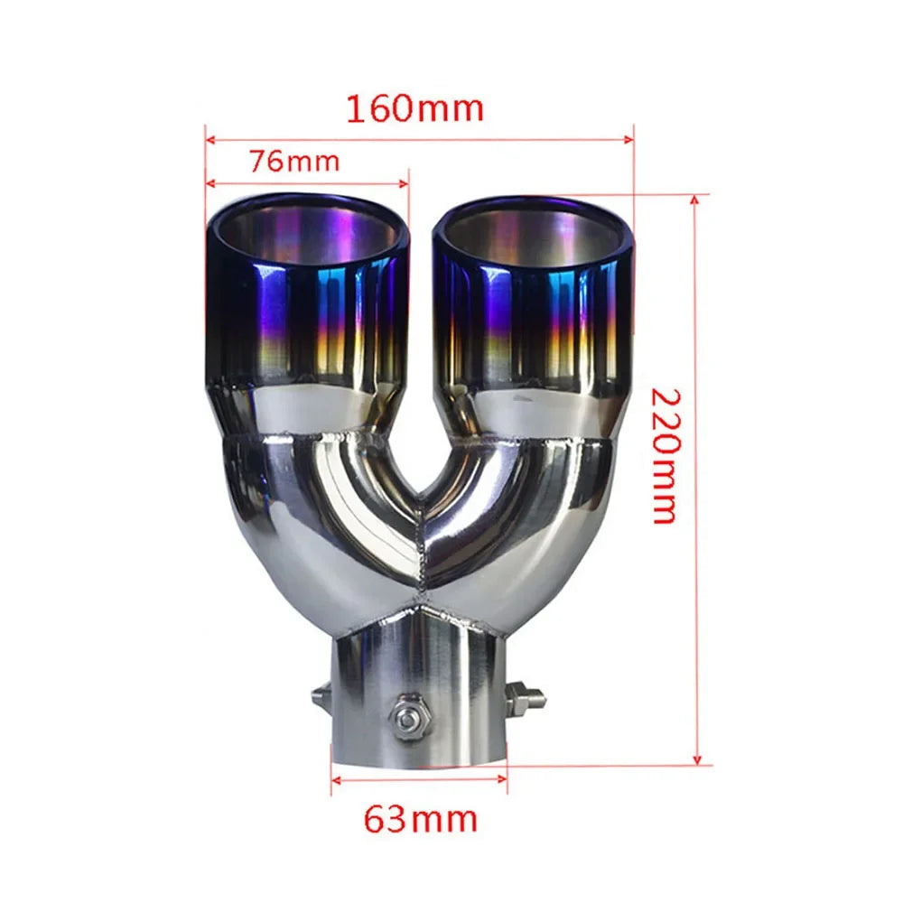 RESO Universal Car 63mm Inlet Diameter 76mm Outlet Double-Barrel Rear Exhaust Tip Tail Pipe Muffler Stainless Steel