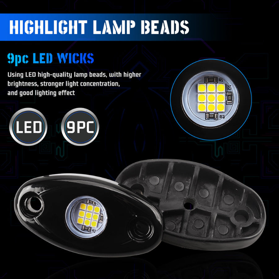 Waterproof 12V LED Rock Lights Kit Underbody Underglow Trail Rig Atmosphere Lamp for Car Truck ATV SUV Offroad Fender Neon Light