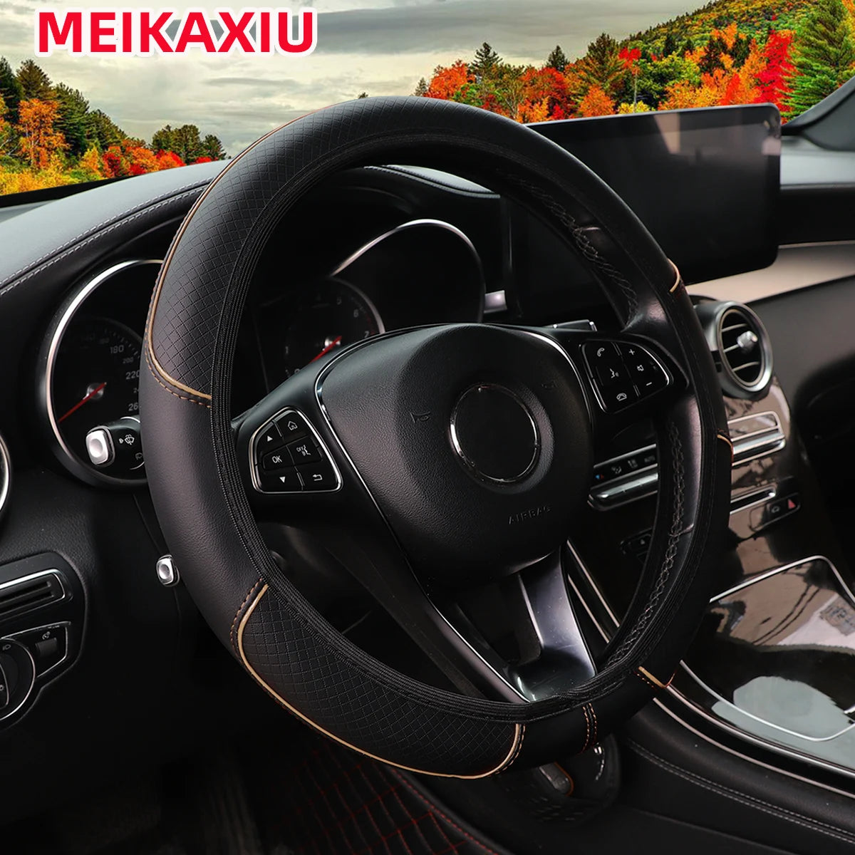 A leather embosed red blue strip trim car without inner ring steering wheel cover fits 14.5-15 "37-38cm car interior supplies