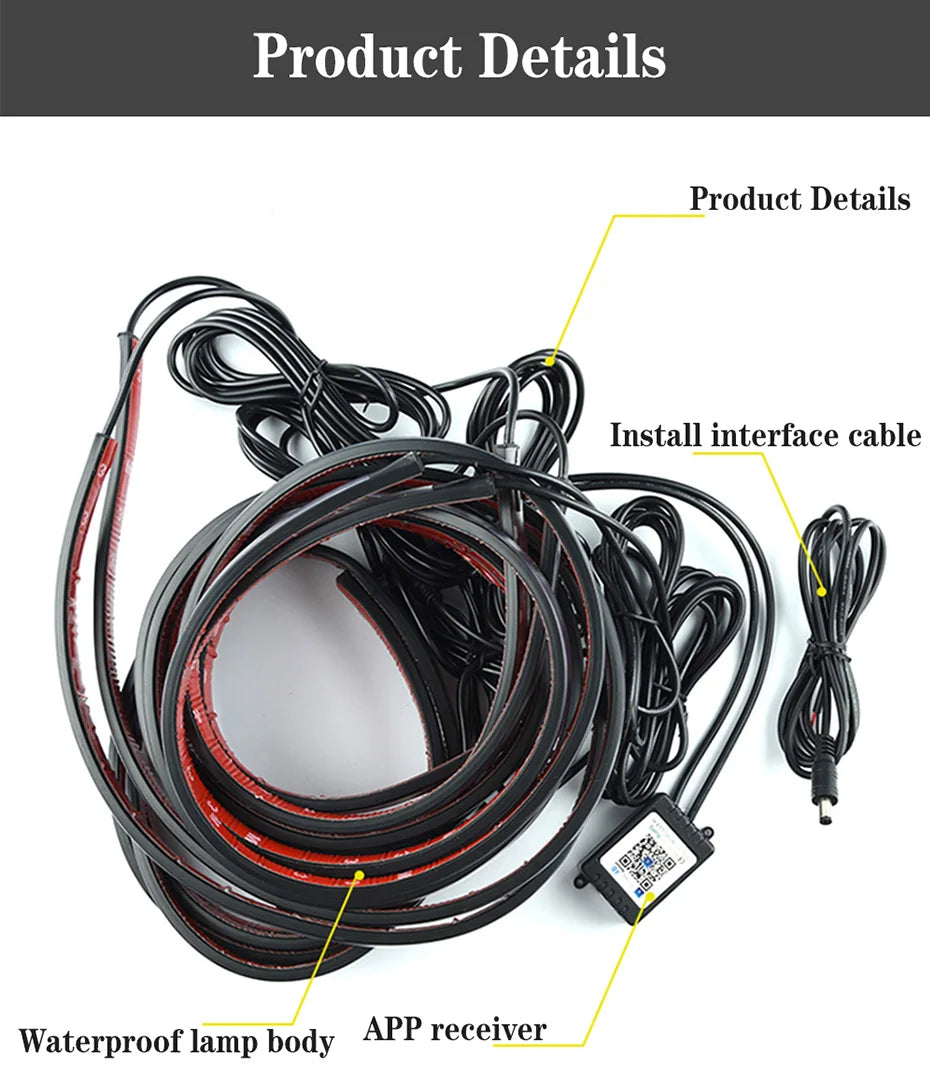 Car Underglow Neon Accent Strip Light Kit 8 Color Sound Active Function APP/Remote Control 4pcs LED Underbody System Light Strip