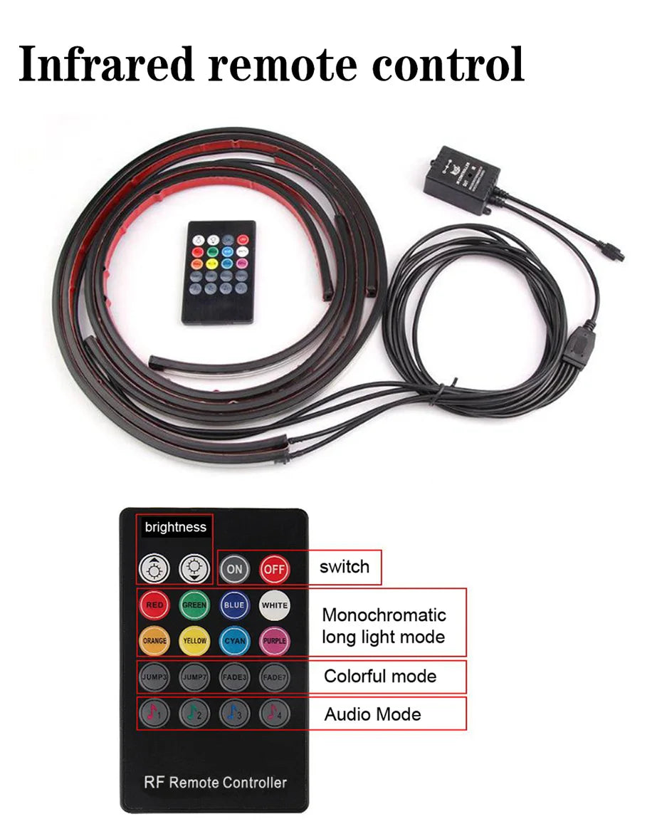 Car Underglow Neon Accent Strip Light Kit 8 Color Sound Active Function APP/Remote Control 4pcs LED Underbody System Light Strip