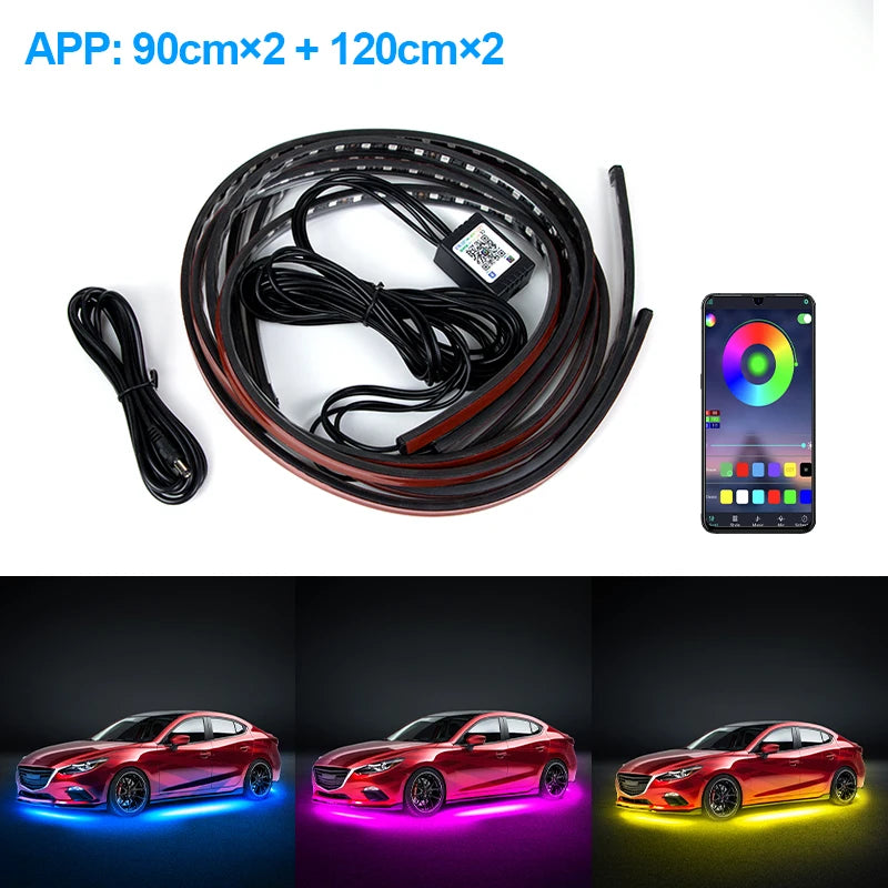 Car Underglow Neon Accent Strip Light Kit 8 Color Sound Active Function APP/Remote Control 4pcs LED Underbody System Light Strip